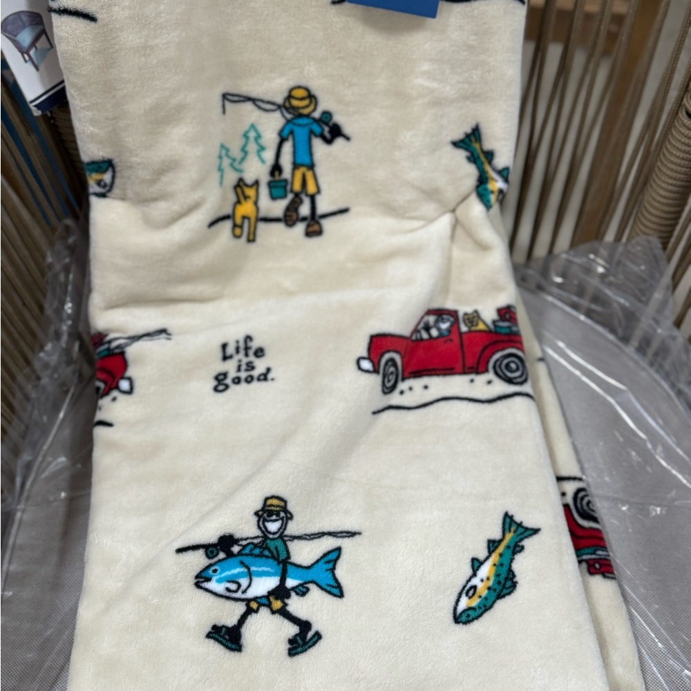 Life is Good Cream Graphic Blanket with Fishing Theme